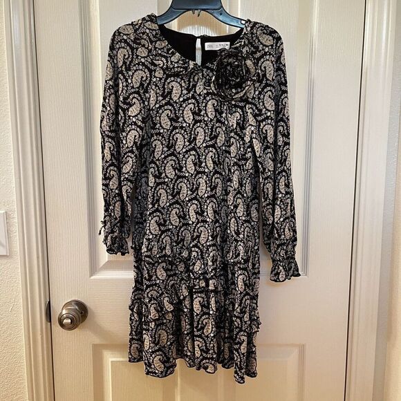 Zara Girls Paisley Floral Ruffle Tiered Dress Long Sleeve Black Size 13-14